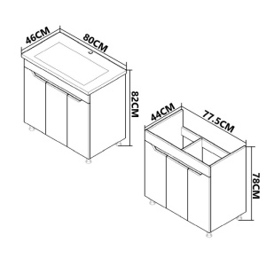 Set mobilier baie GN7561, cu lavoar ceramic, front MDF, 80 cm, 3 usi, 2 rafturi, picioare cromate reglabile, alb/antracit - Img 4