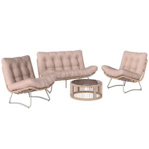 Set mobilier gradina 4 piese, PE-rattan/metal/sticla/poliester, canapea 130x88x78cm + 2 fotolii 73x88x78cm + masa Ø71x32cm, perne 12cm grosime, canapea 240kg/fotoliu 120kg/masa 50kg, lemn natural/maro - Verificat A · Re-Bloom