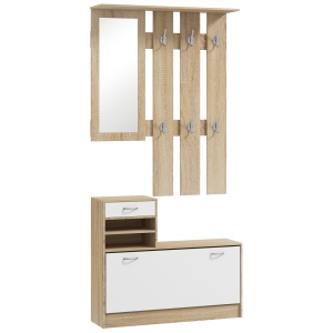Set mobilier hol Re-Bloom, PAL, cuier 90x10x91 cm + raft pantofi 90x24x75 cm + oglinda 25x70 cm + 2 rafturi reglabile, 10/30 kg, alb/stejar - Verificat A · Re-Bloom