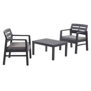 Set mobilier terasa/gradina, Progarden, LOMBOK, 3 piese, polipropilena, antracit, 2 scaune 63x58x74 cm, masa 74x55x38 cm, cu perne incluse, Resigilat, Grad A