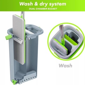 Set mop si galeata, EasyGleam, mop plat cu maner din otel inoxidabil, galeata inovatoare cu doua camere pentru utilizare umeda si uscata, 1 Rezerva, Resigilat, Grad A - Img 5