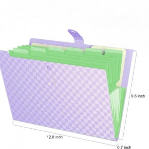 Set organizator cu 7 buzunare tip acordeon si 48 etichete Abc, plastic/hartie, mov/verde, 32,5 x 24,3 cm