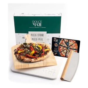 Set Piatra copt, lopata lemn si cutit pizza, DOLCE MARE, 38 cm x 30 cm x 1, 5 cm, Alb, Resigilat, Grad A