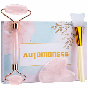 Set roller si piatra de jad pentru masaj facial Automoness, auriu/roz - Img 1
