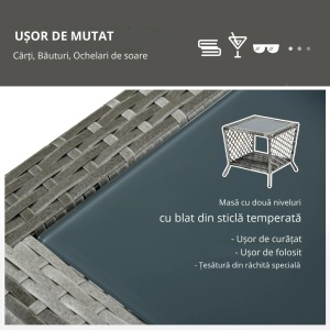 Set sezlong rattan PE cu masuta de cafea, otel/rattan PE/poliester, sezlong 74x192x31-88cm + masuta 45x45x42cm, spatar 5 niveluri, 2 roti, blat sticla calita, perna cu husa lavabila, capacitate 160kg, gri/crem - Verificat A · Re-Bloom - Img 4