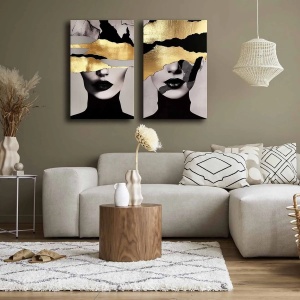Set tablou decorativ Re-Bloom, 2 piese, panza/lemn, negru/gri/auriu, 45 x 70 cm - Img 4