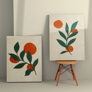 Set tablou decorativ Re-Bloom, 2 piese, panza/lemn, verde/alb/portocaliu, 110 x 70 cm - Img 2