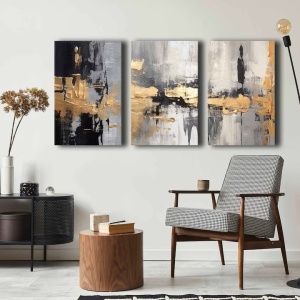 Set tablou decorativ Re-Bloom, 3 piese, lemn masiv/panza, gri/auriu/negru, 145 x 70 cm - Img 2
