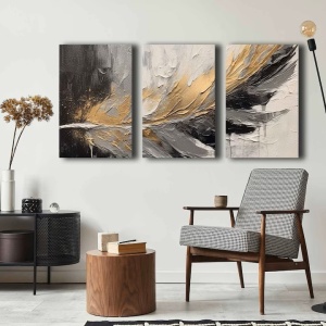 Set tablou decorativ Re-Bloom, 3 piese, model pana, lemn masiv/panza, 145 x 70 cm - Img 2