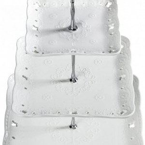Suport cu 3 nivele pentru prajituri VIVILINEN, ceramica/metal, alb/argintiu, 25 x 25 x 37 cm - Img 6