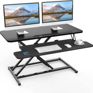 Suport de birou cu inaltime reglabila pentru laptop/monitor Ergomaker, metal/lemn, negru, 91 x 45,5 x 12-52 cm