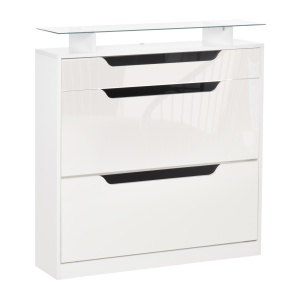 Suport pantofi modern 16 perechi, 2 sertare, raft sticla, PAL, 89x23x96cm, Alb lucios - Verificat A · Re-Bloom