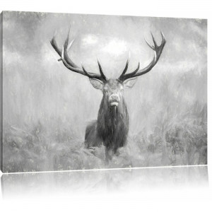 Tablou "Cerb mare în câmp", panza, alb-negru, 70 x 100 cm - Img 1