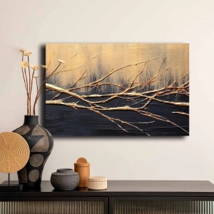 Tablou decorativ Re-Bloom, lemn/panza, negru/auriu, 45 x 70 cm