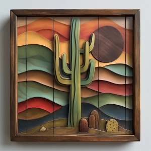 Tablou decorativ Re-Bloom, model cactus, MDF/lemn masiv, multicolor, 50 x 50 x 3,5 cm