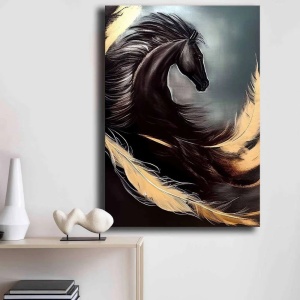 Tablou decorativ Re-Bloom, model cal, panza/lemn, negru/gri/bej, 70 x 100 cm - Img 3