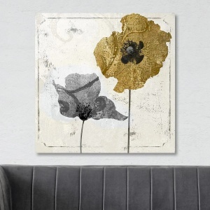 Tablou decorativ Re-Bloom, model floral, lemn/panza, argintiu/gri/auriu, 70 x 70 cm - Img 3