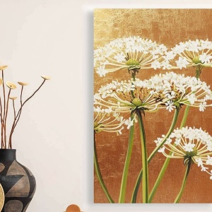 Tablou decorativ Re-Bloom, model floral, panza/lemn, auriu/alb/verde, 70 x 100 cm - Img 2