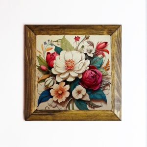 Tablou decorativ Re-Bloom, model floral, piatra/MDF, multicolor, 15,5 x 15,5 x 2,5 cm