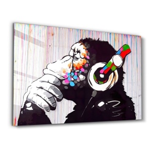 Tablou decorativ Re-Bloom, model maimuta, sticla securizata, multicolor, 46 x 72 cm