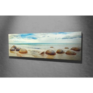 Tablou decorativ Re-Bloom, model marea, lemn/panza, albastru/bej, 80 x 30 x 3 cm - Img 2