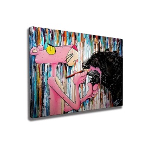 Tablou decorativ Re-Bloom, model Pantera Roz, lemn/panza, multicolor, 50 x 70 cm, Resigilat, Grad B