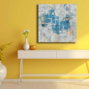 Tablou decorativ Re-Bloom, panza/lemn masiv, albastru/gri/auriu, 69 x 69 cm - Img 4