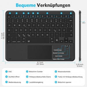 Tastatura wireless pentru iPad cu iluminare din spate Emetok, plastic, negru, 78 taste, 24,6 x 18 x 0,6 cm