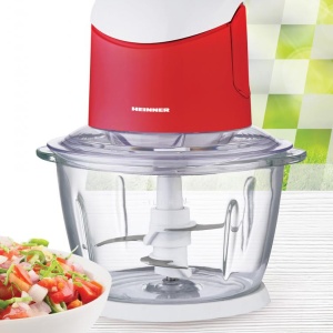 Tocator de legume Heinner HMC-K500WHR, 500W, 1L, 2 cutite din inox, angrenaj metalic, bol sticla, sistem de siguranta, alb/rosu - Img 2