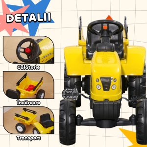 Tractor de pedalat pentru copii cu remorca, metal/plastic, 133x42x51 cm, scaun 18.5x20cm/28cm inaltime, capacitate 35kg, varsta 3+ ani, grebla + lopata + claxon incluse, galben/negru - Verificat A · Re-Bloom - Img 6
