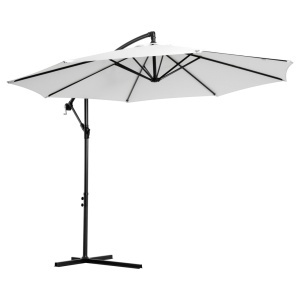 Umbrela de gradina cu brat si manivela, otel/poliester, Ø295x245 cm, stalp brat Φ42mm + sustinere Φ48mm, alb crem/negru - Verificat A · Re-Bloom