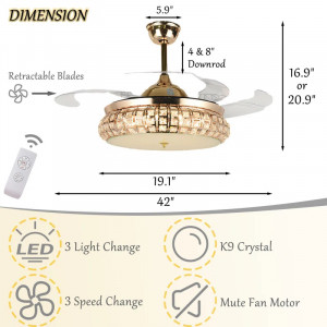Ventilator de tavan cu lumina LED Ffion, metal/sticla, 106,6 x 42,9-53 cm