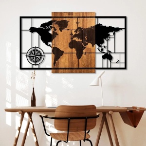 Wallxpert decor de perete model World Map 121x70 cm, lemn 3cm si metal 1.5mm, nuc si negru - Verificat A · Re-Bloom - Img 3