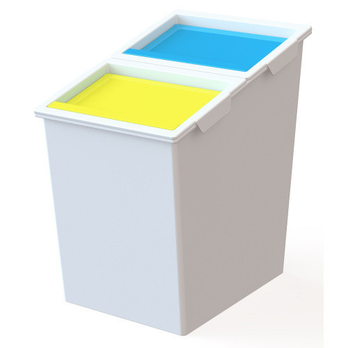 Cos de gunoi pentru sortarea deseurilor, cu 2 compartimente, gri cu capac albastru si galben, 30L