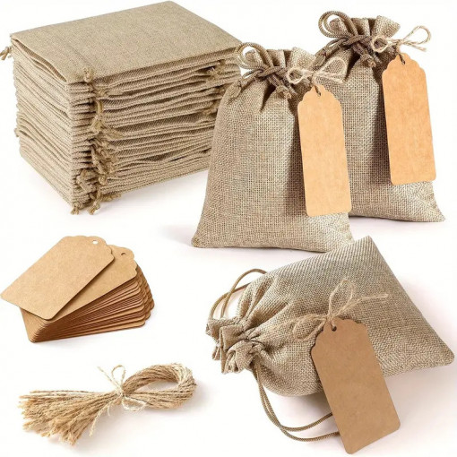 Burlap bags with string and label - 15x10cm - set of 5 pcs