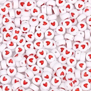 Set of 50 white beads with red heart 7mm