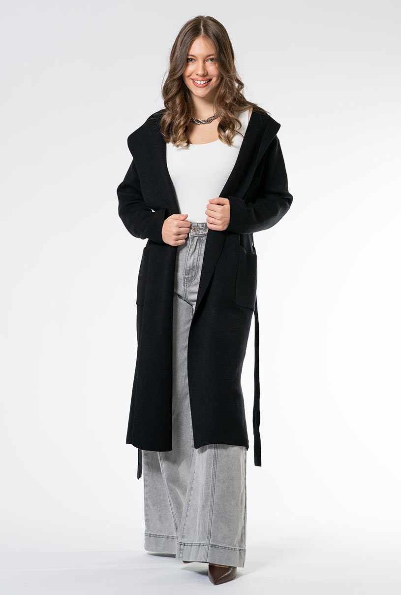 Cardigan lung din vascoza, Hermosa 35537, negru
