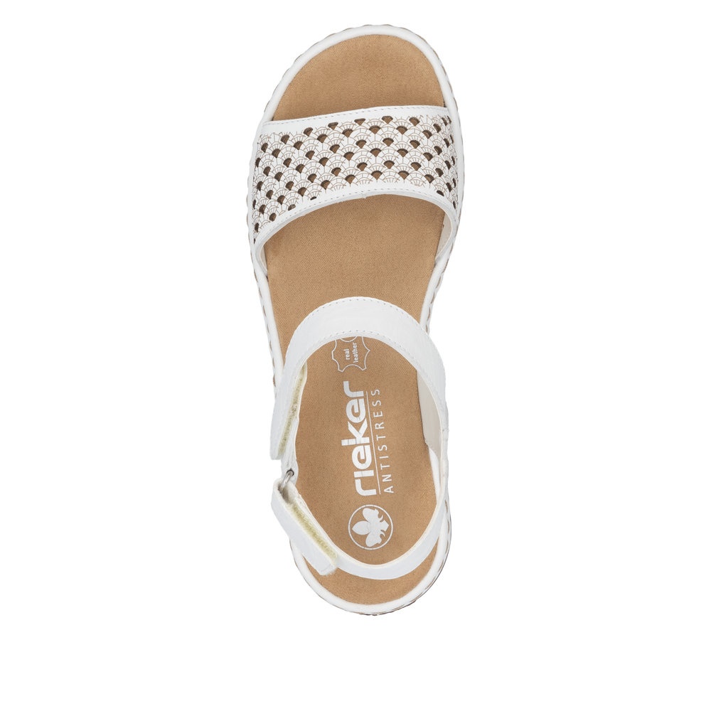 Sandale damă Rieker 65967-80 albe, piele eco, velcro, confort vară
