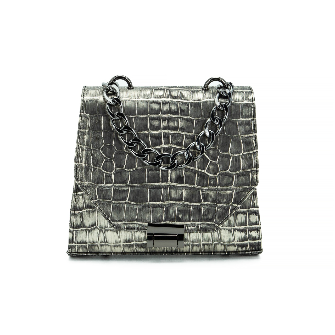 Geantă Argintie Zea Mini Chain din piele naturală Croco