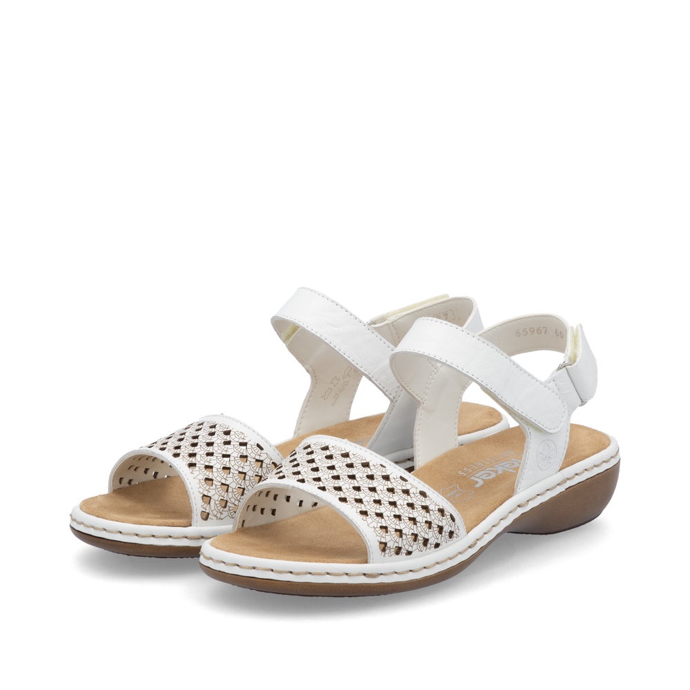 Sandale damă Rieker 65967-80 albe, piele eco, velcro, confort vară