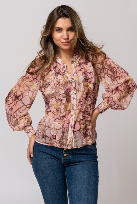 Camasa din sifon gofrat cu imprimeu stil cracks in nuante delicate RALUCA, Hermosa, roz pudra - Img 4
