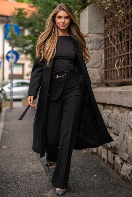 Palton damă Jessica Hermosa, stofă velur neagră, cu centură în talie și guler cu rever - Img 7