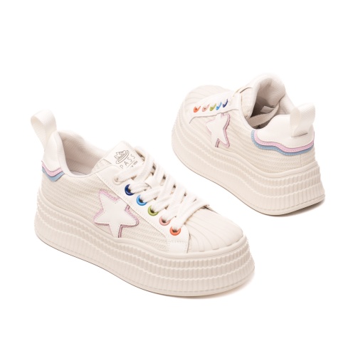 Pantofi dama casual, piele naturala si textil, 6LMQ60011A-F3, alb multicolor - Img 3