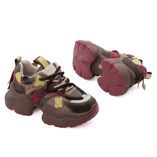 Pantofi dama sport din piele mix, Feeling, 3703, kaki multicolor - Img 4