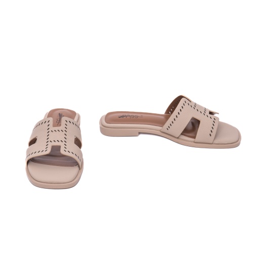 Papuci damă bej piele naturală Pass Collection 7QXS60029A 52-N, perforații decorative, slip-on - Img 4