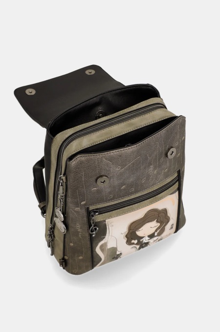 Rucsac damă ORCHESTRA WITH FLAP din piele ecologica, Anekke 43805-270 Kaki Multicolor - Img 2