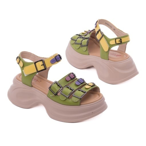 Sandale dama din piele naturala, PASS Collection 3OLY80013C 06-N, verde - Img 3