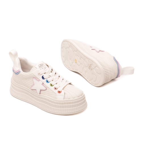 Pantofi dama casual, piele naturala si textil, 6LMQ60011A-F3, alb multicolor - Img 4