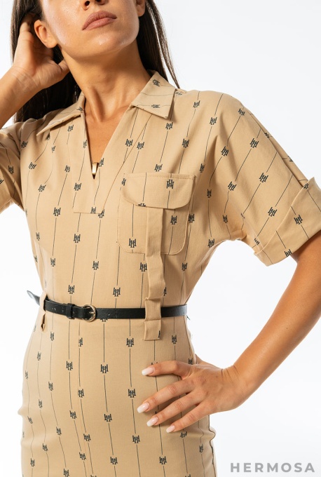 Rochie midi din gabardin elastic Camila cu imprimeu geometric - Img 3