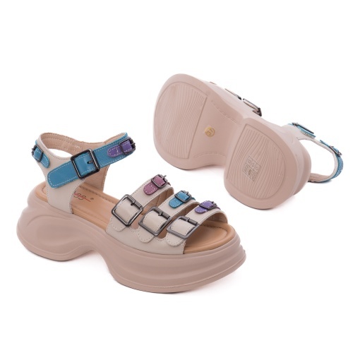 Sandale dama din piele naturala, PASS Collection 3OLY80013A 97-N, bej diverse - Img 4